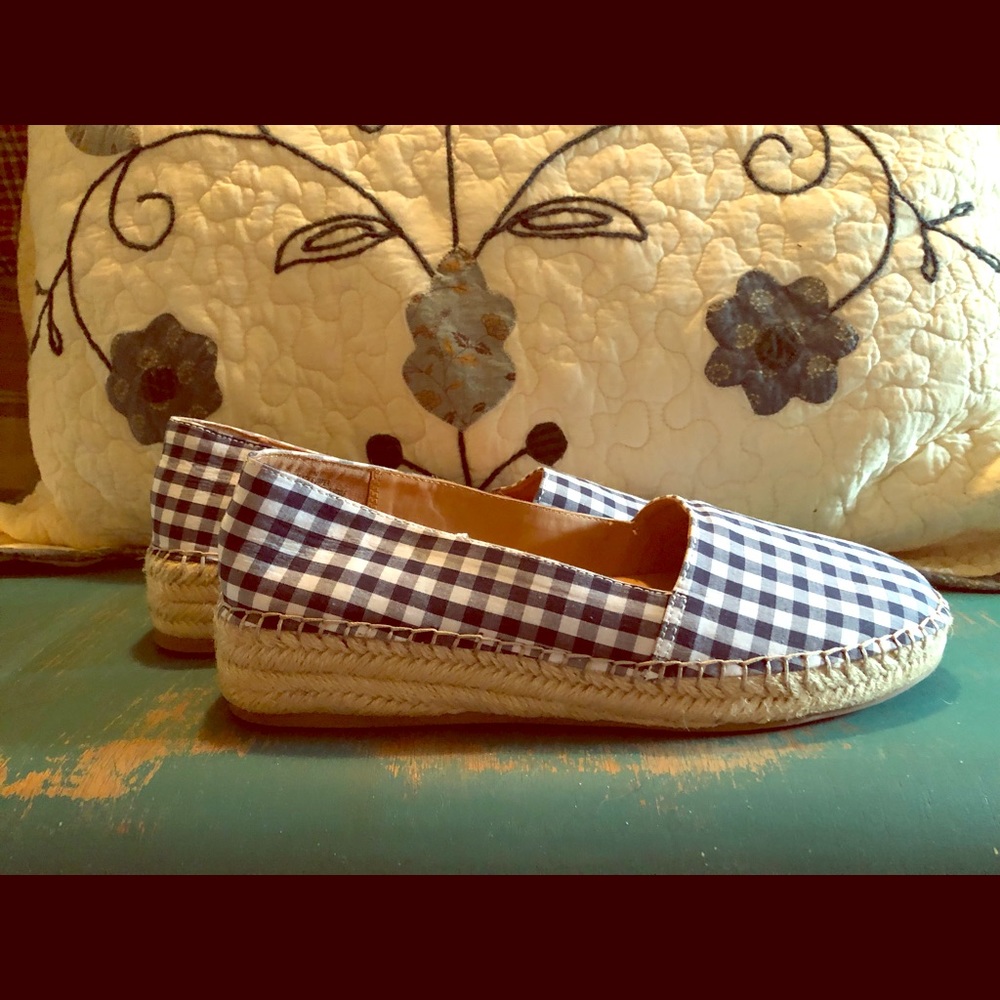 NWOT Blue & White Checkered Espadrille Wedges